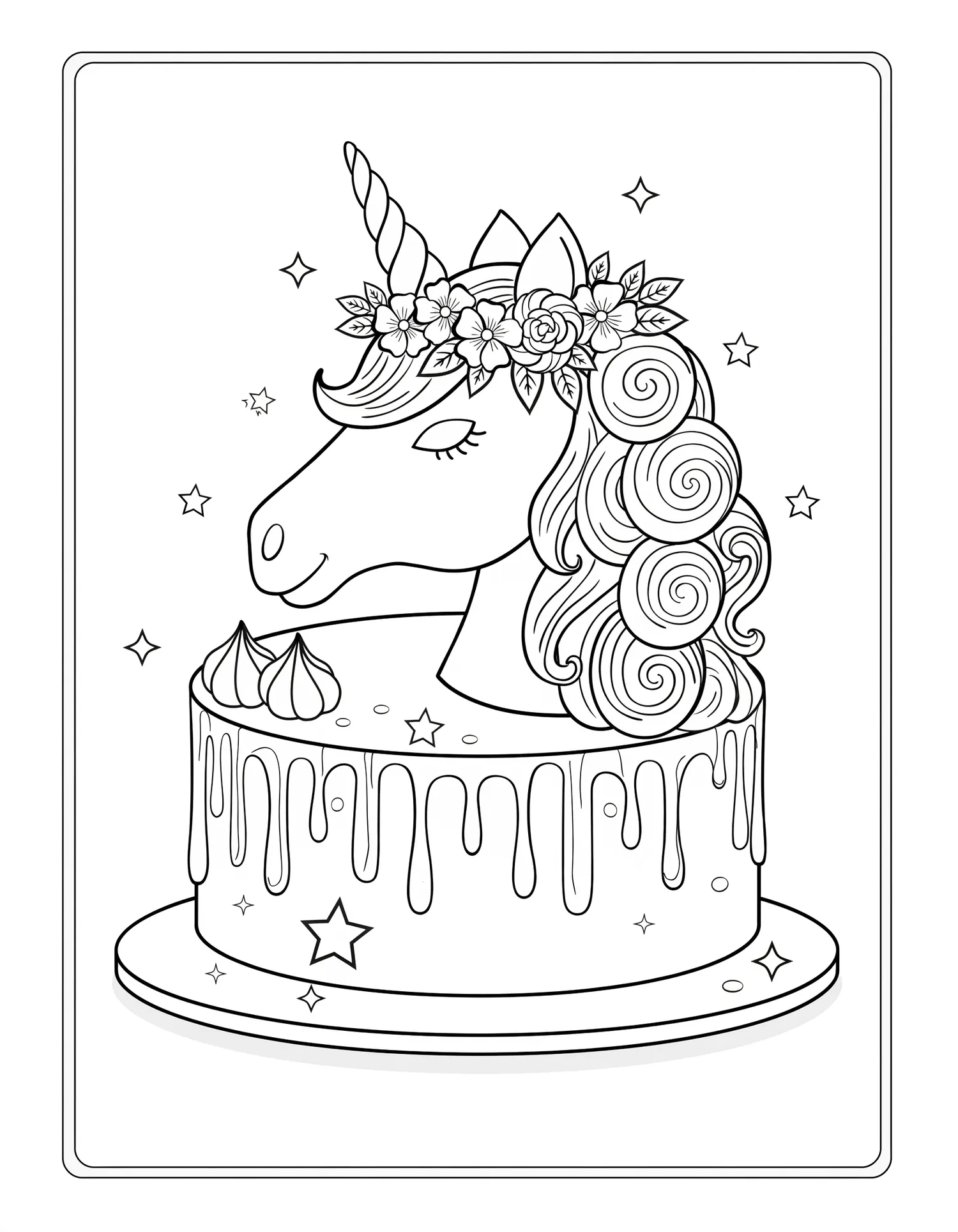 Gâteau Licorne Fantaisie, Coloriage pâtisserie à imprimer gratuitement